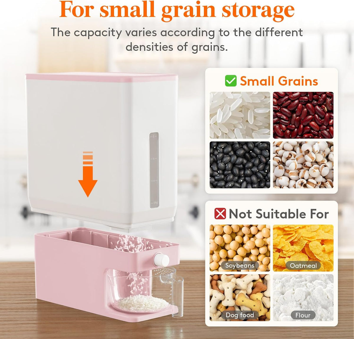 Rice Container 26 Lbs, One-Press Dispenser with Measuring Cup