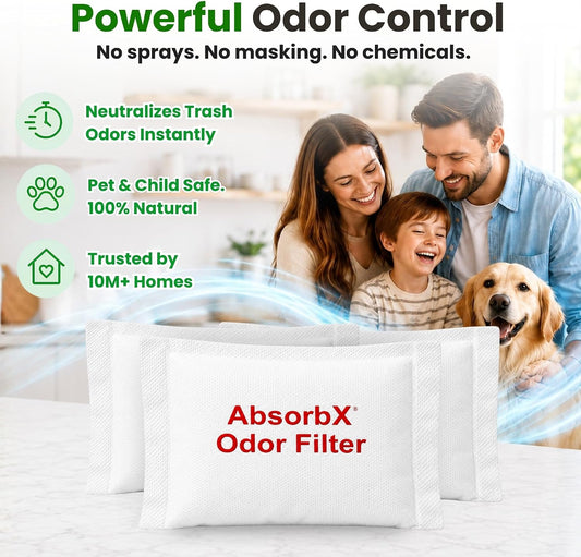 Official Trash Can Deodorizer AbsorbX 3-Pack All Natural Activated Charcoal Odor Absorber Stops Garbage Smells, Compost Bin Filter Air Freshener for 8 Gal & Larger Trashcan with Compartment