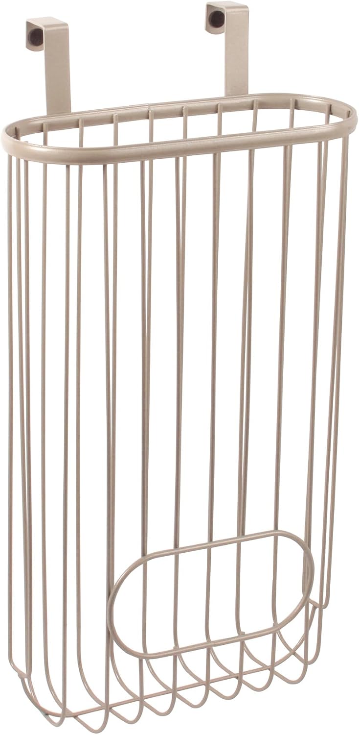 Ashley Over The Cabinet Plastic Bag Holder (Satin Nickel Powder Coat) - Grocery & Recycling Bag Dispenser for Kitchen, Bathroom, Under Sink, Home, & Apartment Organization