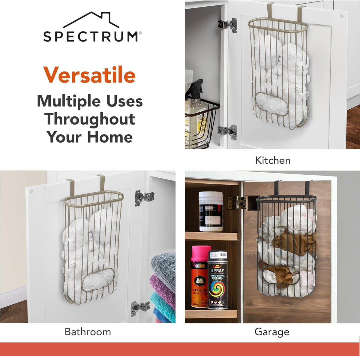 Ashley Over The Cabinet Plastic Bag Holder (Satin Nickel Powder Coat) - Grocery & Recycling Bag Dispenser for Kitchen, Bathroom, Under Sink, Home, & Apartment Organization