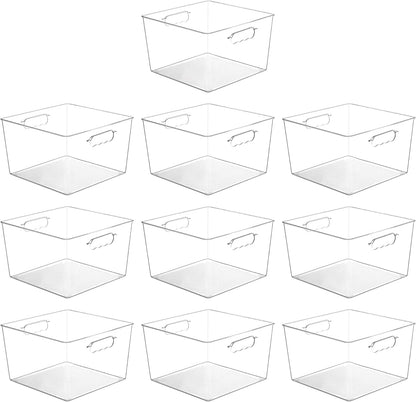 4 Pack Extra Large Clear Plastic Storage Bins,11x11 Cube Acrylic Organizer Square Containers with Handle for Pantry,Closet,LaundryRoom,Kitchen,Bathroom,UnderSink Organization