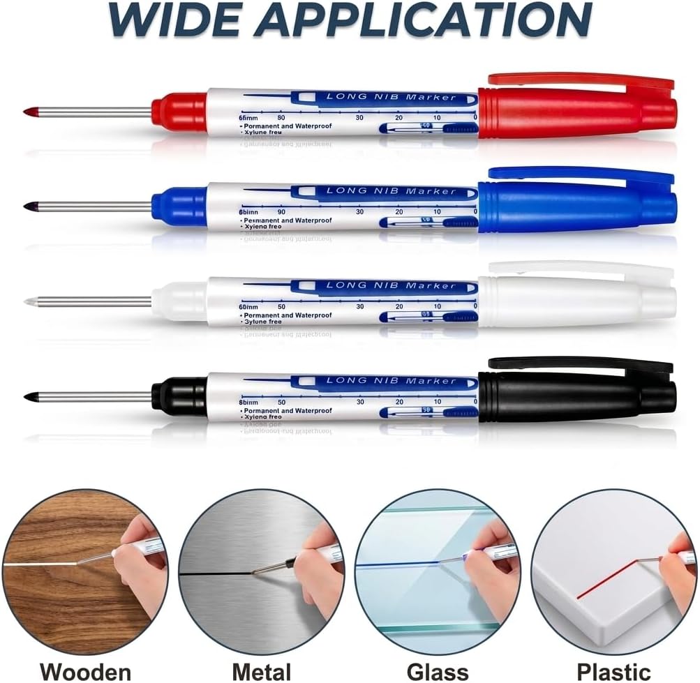 8Pcs Deep Reach Markers Waterproof Deep Hole Marker Pens 34mm Construction Markers Permanent Ink Quick-Dry Long Nib Marker Drill Long Nose Metal Marking Pen for Carpenters Construction (White)