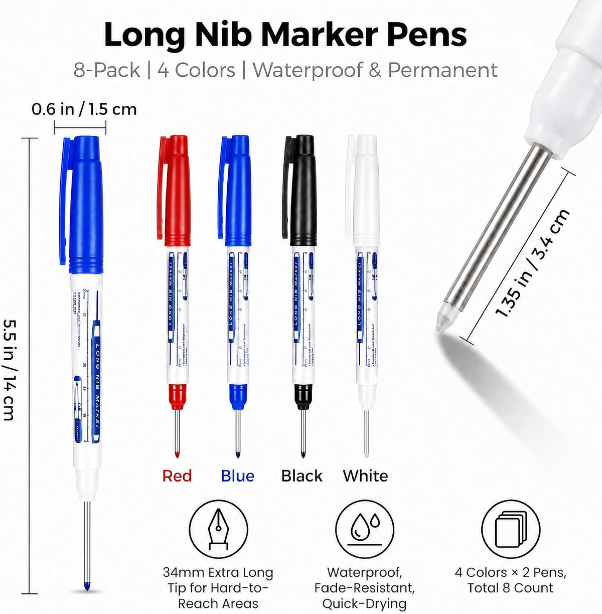 8Pcs Deep Reach Markers Waterproof Deep Hole Marker Pens 34mm Construction Markers Permanent Ink Quick-Dry Long Nib Marker Drill Long Nose Metal Marking Pen for Carpenters Construction (White)