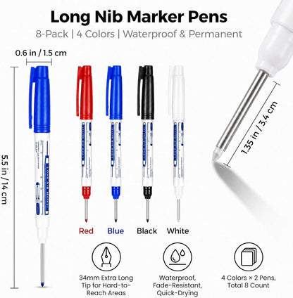 8Pcs Deep Reach Markers Waterproof Deep Hole Marker Pens 34mm Construction Markers Permanent Ink Quick-Dry Long Nib Marker Drill Long Nose Metal Marking Pen for Carpenters Construction (White)