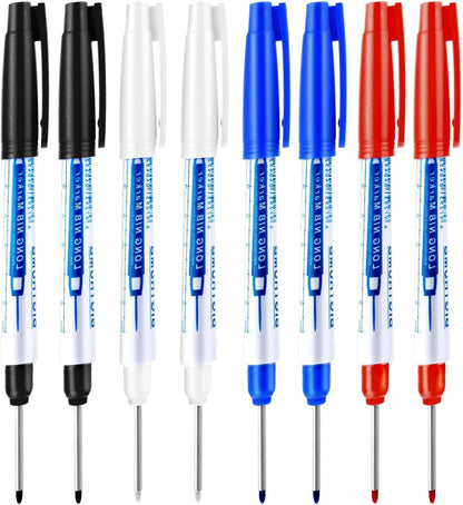 8Pcs Deep Reach Markers Waterproof Deep Hole Marker Pens 34mm Construction Markers Permanent Ink Quick-Dry Long Nib Marker Drill Long Nose Metal Marking Pen for Carpenters Construction (White)