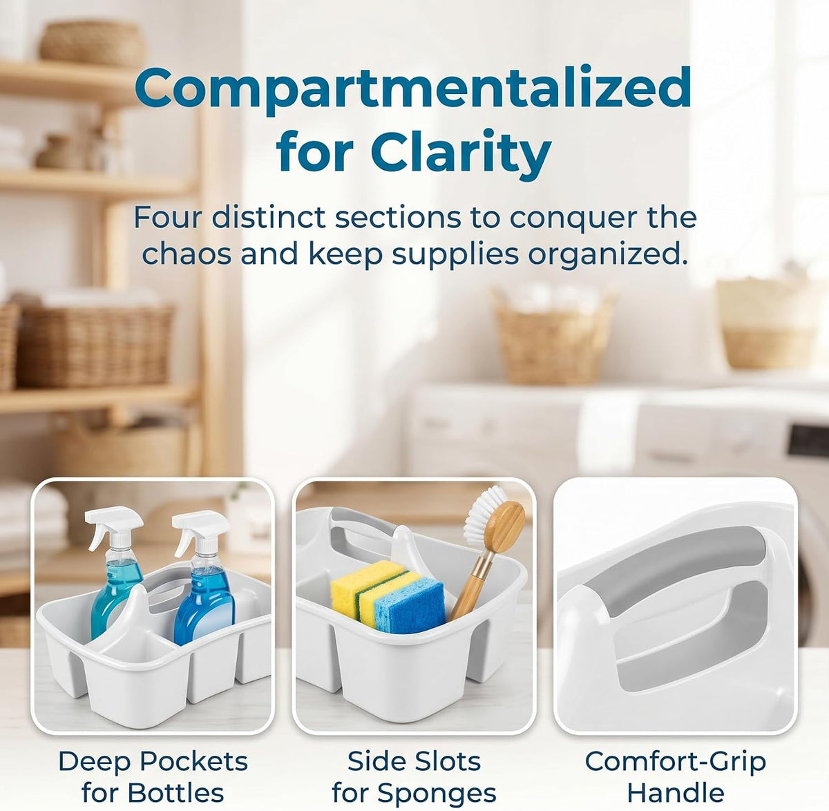 Large Plastic Utility Caddy with 4 Compartments – Heavy-Duty Storage Organizer for Cleaning Supplies, Sponges & Spray Bottles – Easy-Carry Handle (White)