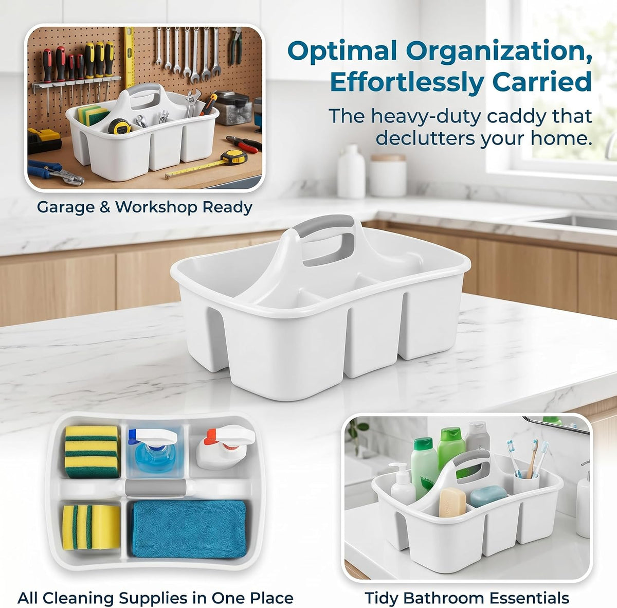Large Plastic Utility Caddy with 4 Compartments – Heavy-Duty Storage Organizer for Cleaning Supplies, Sponges & Spray Bottles – Easy-Carry Handle (White)