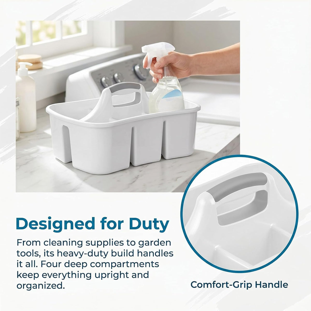 Large Plastic Utility Caddy with 4 Compartments – Heavy-Duty Storage Organizer for Cleaning Supplies, Sponges & Spray Bottles – Easy-Carry Handle (White)