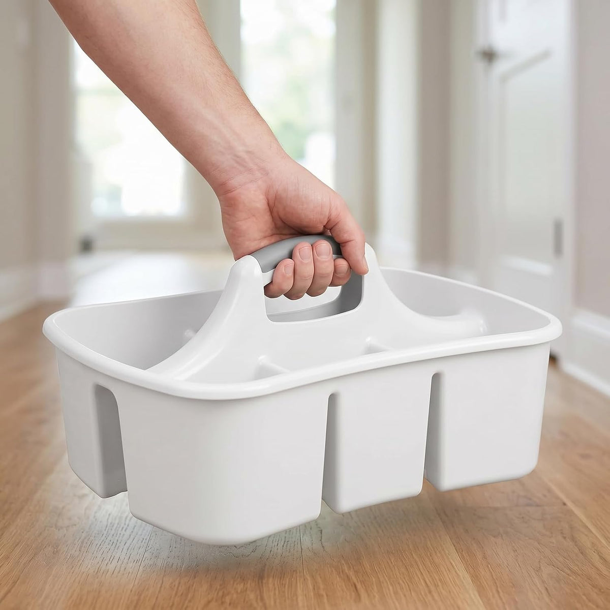 Large Plastic Utility Caddy with 4 Compartments – Heavy-Duty Storage Organizer for Cleaning Supplies, Sponges & Spray Bottles – Easy-Carry Handle (White)