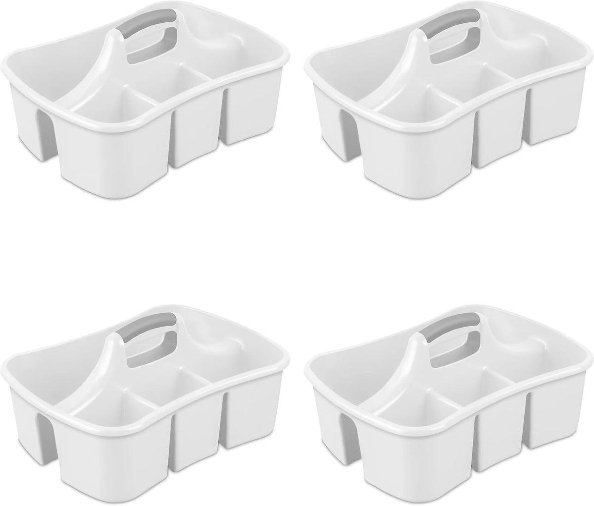 Large Plastic Utility Caddy with 4 Compartments – Heavy-Duty Storage Organizer for Cleaning Supplies, Sponges & Spray Bottles – Easy-Carry Handle (White)
