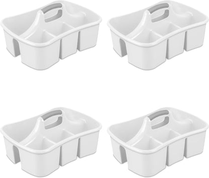 Large Plastic Utility Caddy with 4 Compartments – Heavy-Duty Storage Organizer for Cleaning Supplies, Sponges & Spray Bottles – Easy-Carry Handle (White)