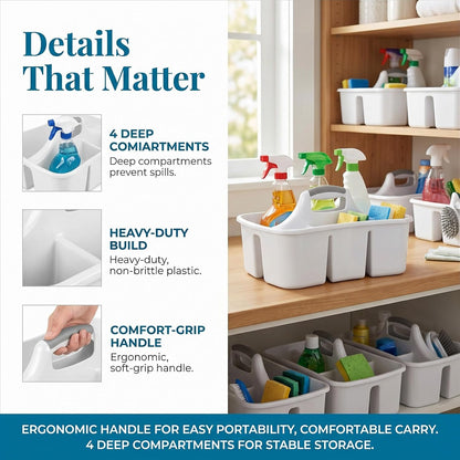 Large Plastic Utility Caddy with 4 Compartments – Heavy-Duty Storage Organizer for Cleaning Supplies, Sponges & Spray Bottles – Easy-Carry Handle (White)