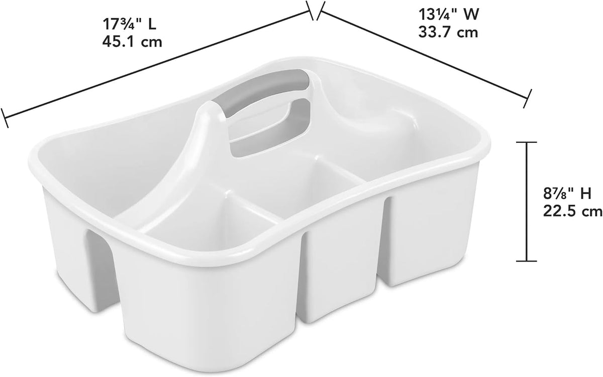 Large Plastic Utility Caddy with 4 Compartments – Heavy-Duty Storage Organizer for Cleaning Supplies, Sponges & Spray Bottles – Easy-Carry Handle (White)