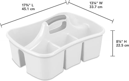 Large Plastic Utility Caddy with 4 Compartments – Heavy-Duty Storage Organizer for Cleaning Supplies, Sponges & Spray Bottles – Easy-Carry Handle (White)