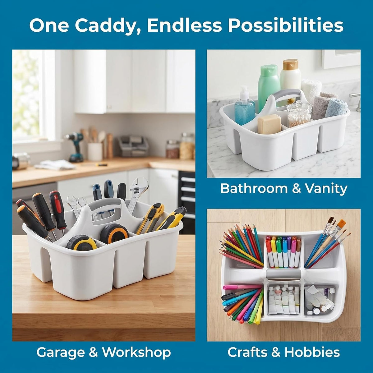 Large Plastic Utility Caddy with 4 Compartments – Heavy-Duty Storage Organizer for Cleaning Supplies, Sponges & Spray Bottles – Easy-Carry Handle (White)
