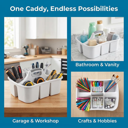 Large Plastic Utility Caddy with 4 Compartments – Heavy-Duty Storage Organizer for Cleaning Supplies, Sponges & Spray Bottles – Easy-Carry Handle (White)