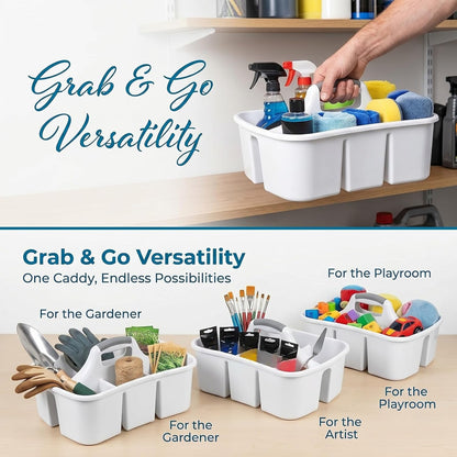 Large Plastic Utility Caddy with 4 Compartments – Heavy-Duty Storage Organizer for Cleaning Supplies, Sponges & Spray Bottles – Easy-Carry Handle (White)