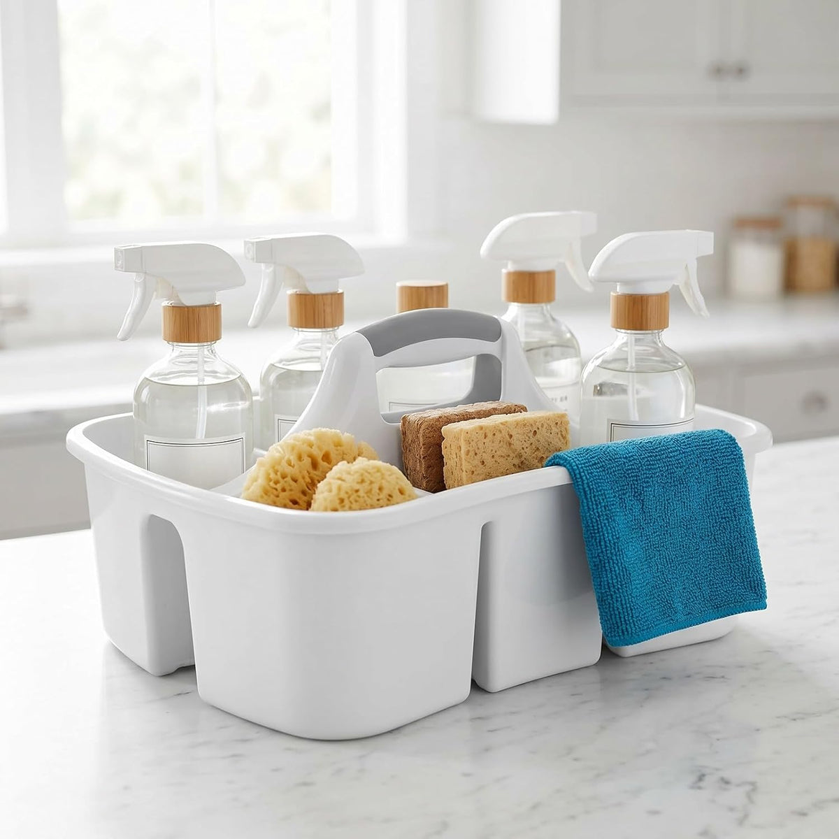 Large Plastic Utility Caddy with 4 Compartments – Heavy-Duty Storage Organizer for Cleaning Supplies, Sponges & Spray Bottles – Easy-Carry Handle (White)