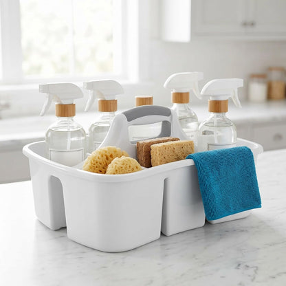 Large Plastic Utility Caddy with 4 Compartments – Heavy-Duty Storage Organizer for Cleaning Supplies, Sponges & Spray Bottles – Easy-Carry Handle (White)