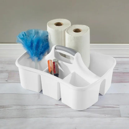 Large Plastic Utility Caddy with 4 Compartments – Heavy-Duty Storage Organizer for Cleaning Supplies, Sponges & Spray Bottles – Easy-Carry Handle (White)