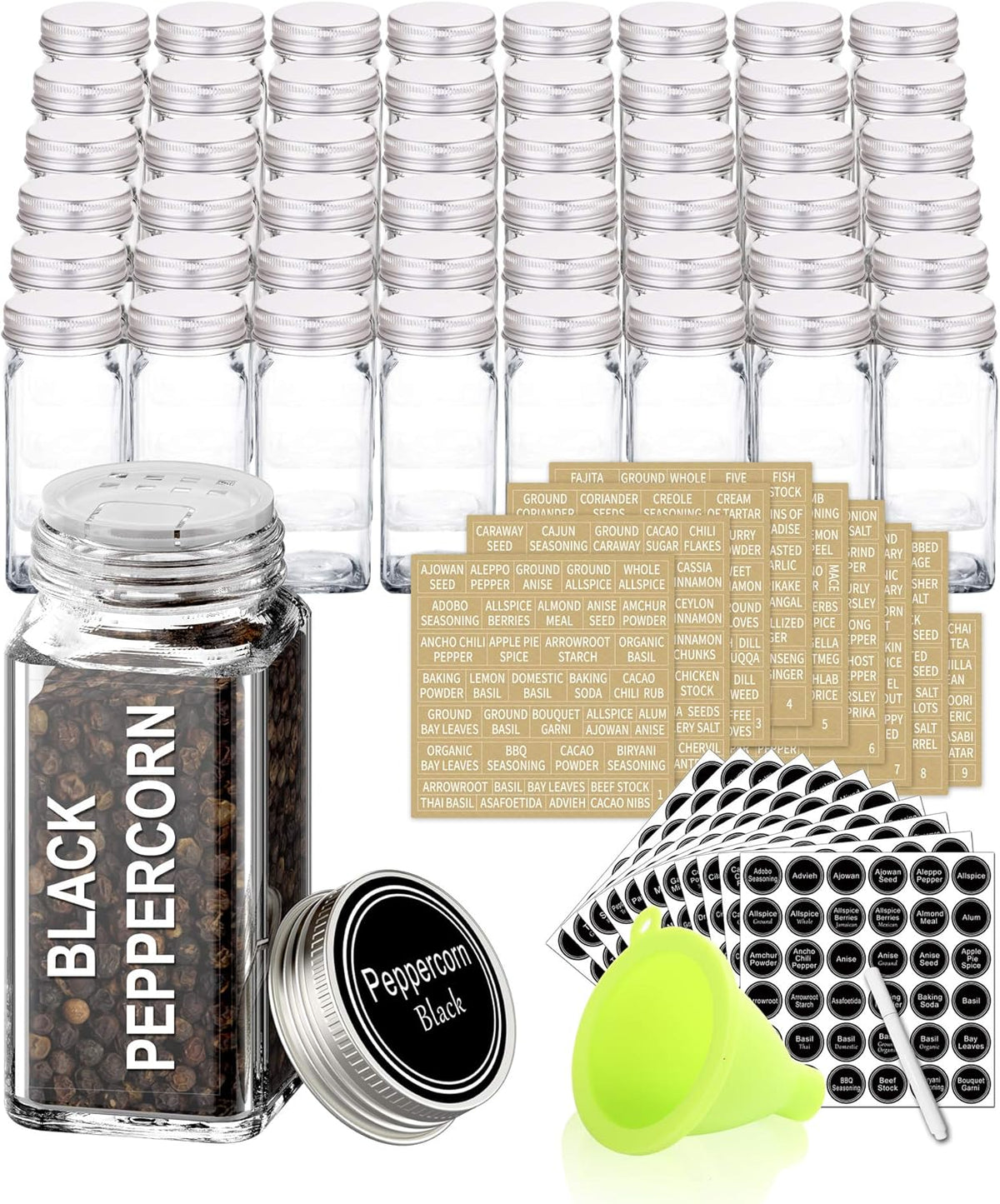 48 Pcs 4 oz Glass Spice Jars with Shaker Lids and 703 Spice Labels | Empty Spice Containers with Airtight Lids, Chalk Marker, Funnel - Square Seasoning Bottles for Spice Racks, Cabinets, Drawers