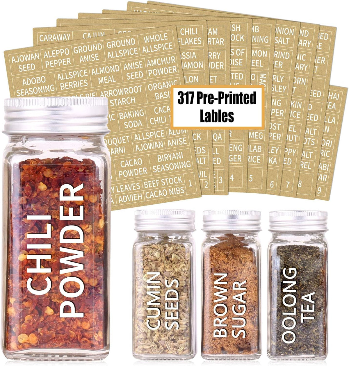 48 Pcs 4 oz Glass Spice Jars with Shaker Lids and 703 Spice Labels | Empty Spice Containers with Airtight Lids, Chalk Marker, Funnel - Square Seasoning Bottles for Spice Racks, Cabinets, Drawers