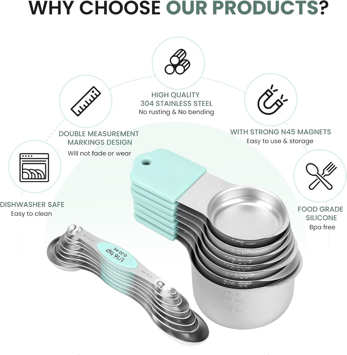Magnetic Measuring Cups and Spoons Set-Heavy Duty 304 Stainless Steel