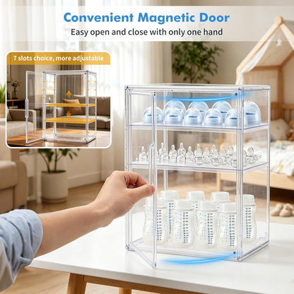 X-LARGE Baby Bottle Organizer, Upgraded Bottle Storage Organizer Baby for Countertop Cabinet, Removable Baby Organizer with Magnetic Door, Bottle Station Organizer for Nipples, Pump Parts, THICKENED