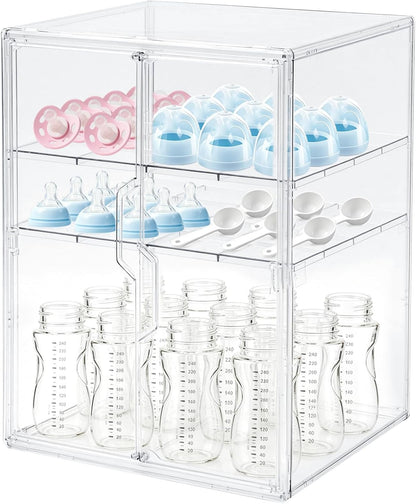 X-LARGE Baby Bottle Organizer, Upgraded Bottle Storage Organizer Baby for Countertop Cabinet, Removable Baby Organizer with Magnetic Door, Bottle Station Organizer for Nipples, Pump Parts, THICKENED