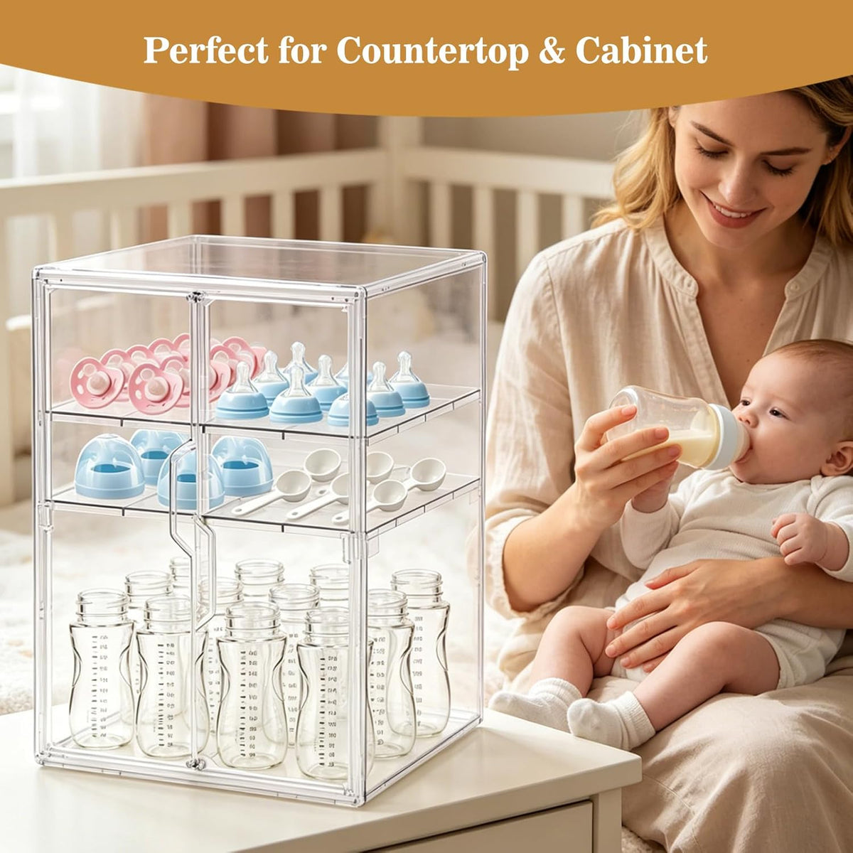 X-LARGE Baby Bottle Organizer, Upgraded Bottle Storage Organizer Baby for Countertop Cabinet, Removable Baby Organizer with Magnetic Door, Bottle Station Organizer for Nipples, Pump Parts, THICKENED