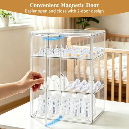 X-LARGE Baby Bottle Organizer, Upgraded Bottle Storage Organizer Baby for Countertop Cabinet, Removable Baby Organizer with Magnetic Door, Bottle Station Organizer for Nipples, Pump Parts, THICKENED