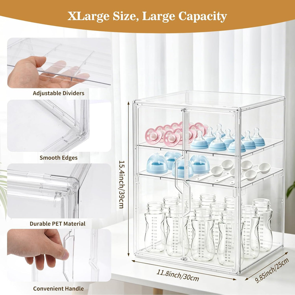 X-LARGE Baby Bottle Organizer, Upgraded Bottle Storage Organizer Baby for Countertop Cabinet, Removable Baby Organizer with Magnetic Door, Bottle Station Organizer for Nipples, Pump Parts, THICKENED