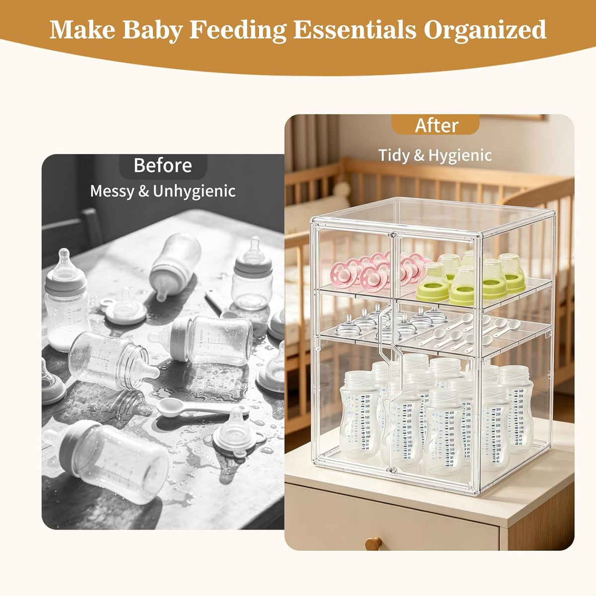 X-LARGE Baby Bottle Organizer, Upgraded Bottle Storage Organizer Baby for Countertop Cabinet, Removable Baby Organizer with Magnetic Door, Bottle Station Organizer for Nipples, Pump Parts, THICKENED