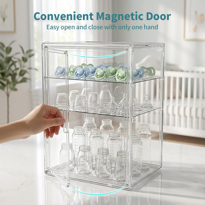 X-LARGE Baby Bottle Organizer, Upgraded Bottle Storage Organizer Baby for Countertop Cabinet, Removable Baby Organizer with Magnetic Door, Bottle Station Organizer for Nipples, Pump Parts, THICKENED