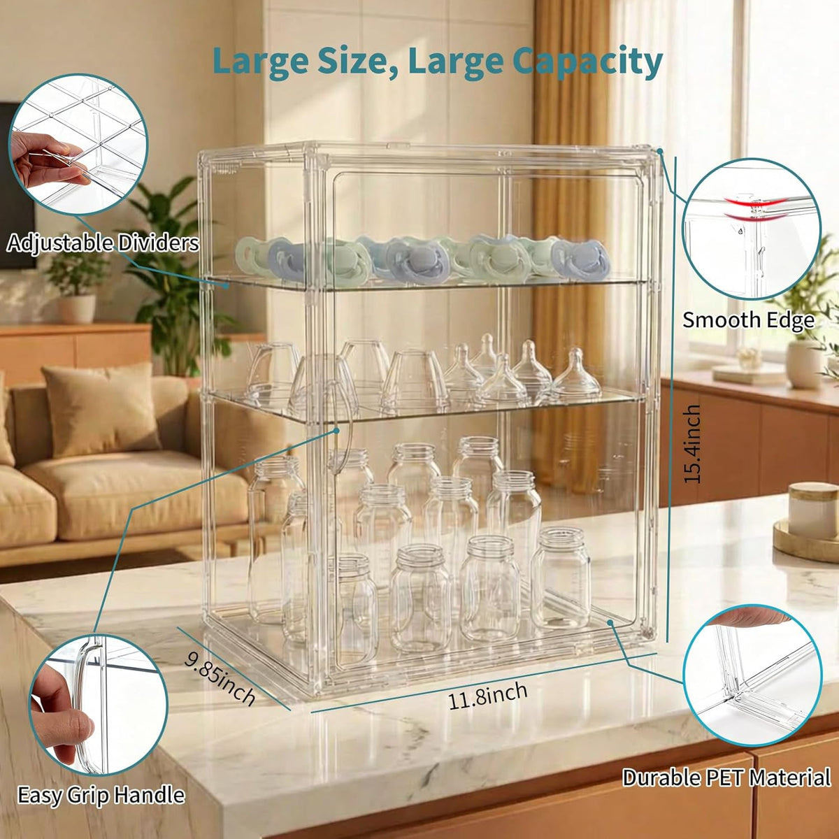 X-LARGE Baby Bottle Organizer, Upgraded Bottle Storage Organizer Baby for Countertop Cabinet, Removable Baby Organizer with Magnetic Door, Bottle Station Organizer for Nipples, Pump Parts, THICKENED