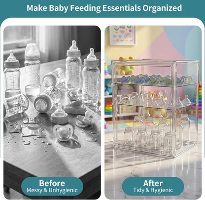 X-LARGE Baby Bottle Organizer, Upgraded Bottle Storage Organizer Baby for Countertop Cabinet, Removable Baby Organizer with Magnetic Door, Bottle Station Organizer for Nipples, Pump Parts, THICKENED