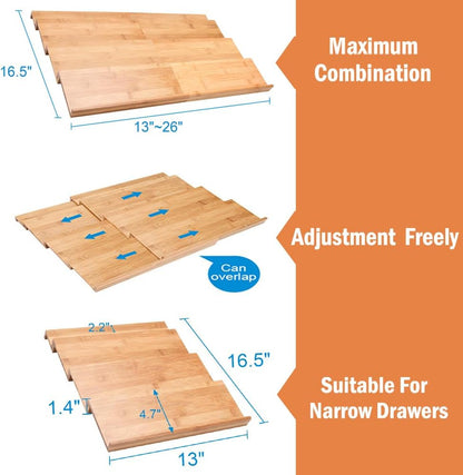Bamboo Spice Drawer Organizer, 4 Tier In Drawer Spices Rack for Cabinet Drawer Expandable From 13" to 26", Stackable Seasoning Storage Organizer Insert