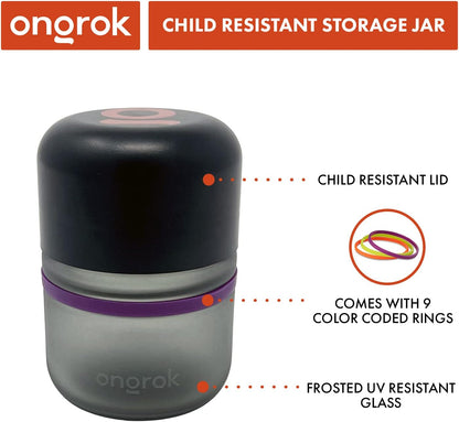 ONGROK Glass Storage Jar, 180ml | UV Herb/Spice Jar with Child‑Resistant Lid, Color‑Coded Glass Containers to Preserve Smell and Aroma