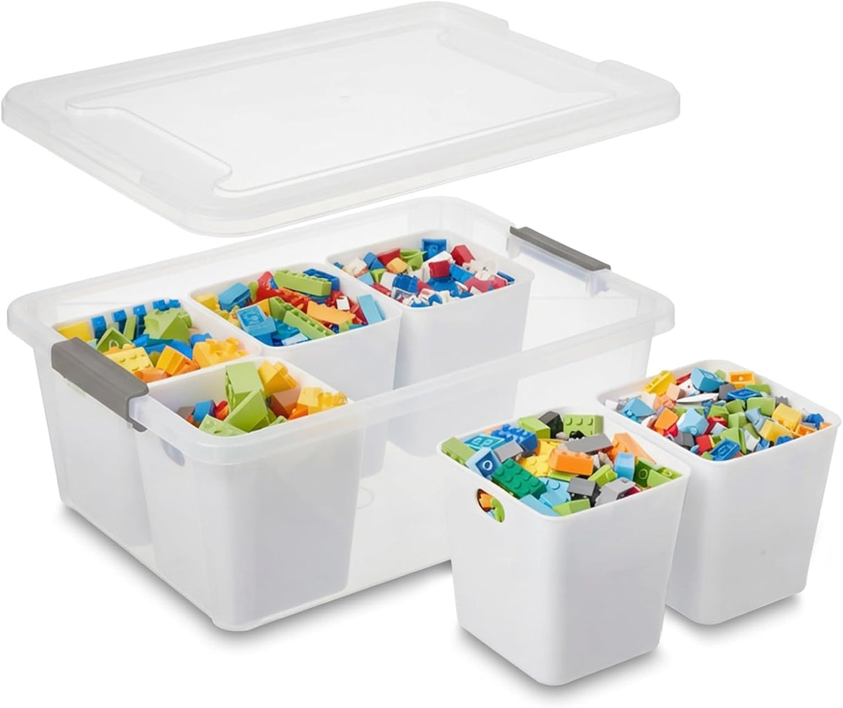 MACOPRO 17 QT Plastic Storage Box with Removable Tray, Bins with Lids, Clear Storage Container for Craft Supplies, Beads, Tools, Sewing, and Playdoh Organization (White, -17QT)