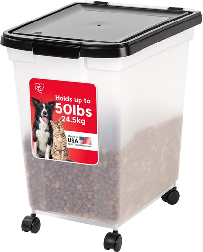 IRIS USA Airtight Dog Food Storage Container, WeatherPro, Up to 50 lbs, Removable Wheels, for Dog Cat Bird and Other Pet Food Storage Bin, Keep Fresh, Translucent Body, Made in USA, Clear/Gray