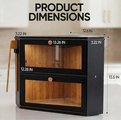 Corner Bread Box for Kitchen Countertop – Bamboo Bread Box with Airtight Design, Dual Divided Compartments, Magnetic Closures, Non-Slip Feet, Clear Windows, Tongs & 2 Free Baking Books -Black
