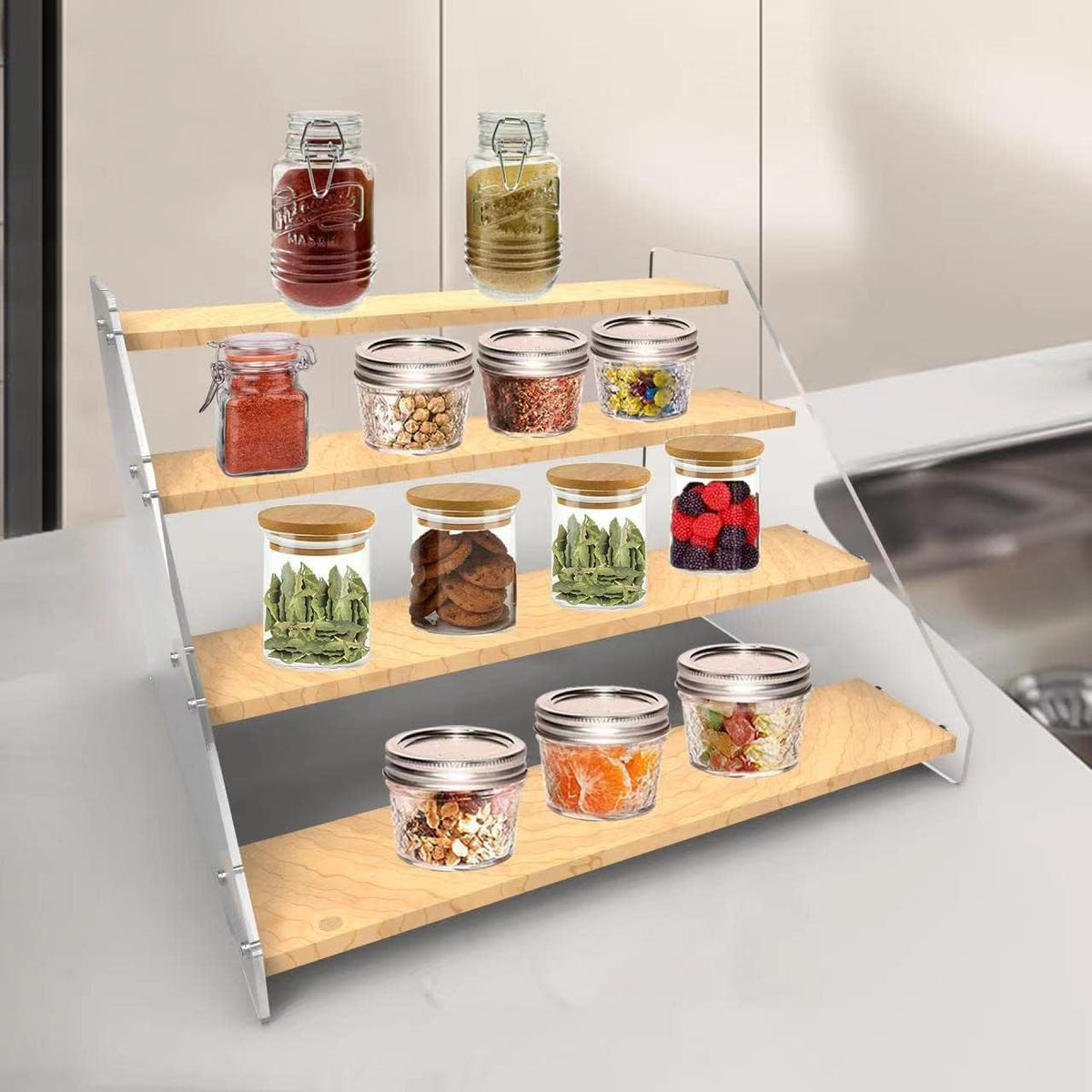 VAEHOLD Spice Rack Organizer for Cabinet & Countertop - Seasoning Organizer Spice Shelf - Space Saving Wooden Display Risers Shelf Showcase Fixtures Jewelry (5 Tier)