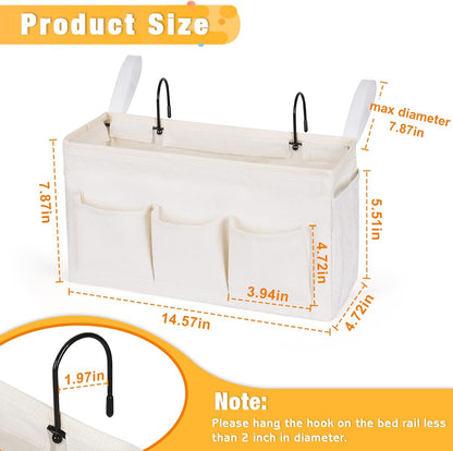 Lilithye Bedside Caddy Storage Organizer with Fixed Straps and Water Bottle Holder for Home, College, Dorm, Bunk/Hospital/Crib Bed Rails, White