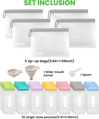 Lerine Protein Powder Travel Container Set, Reusable Protein Powder Container To Go, 21Pcs Single Dose Bags & 3Pcs Large Zip Bags, Portable Supplement Storage Containers with Funnel, Spoon