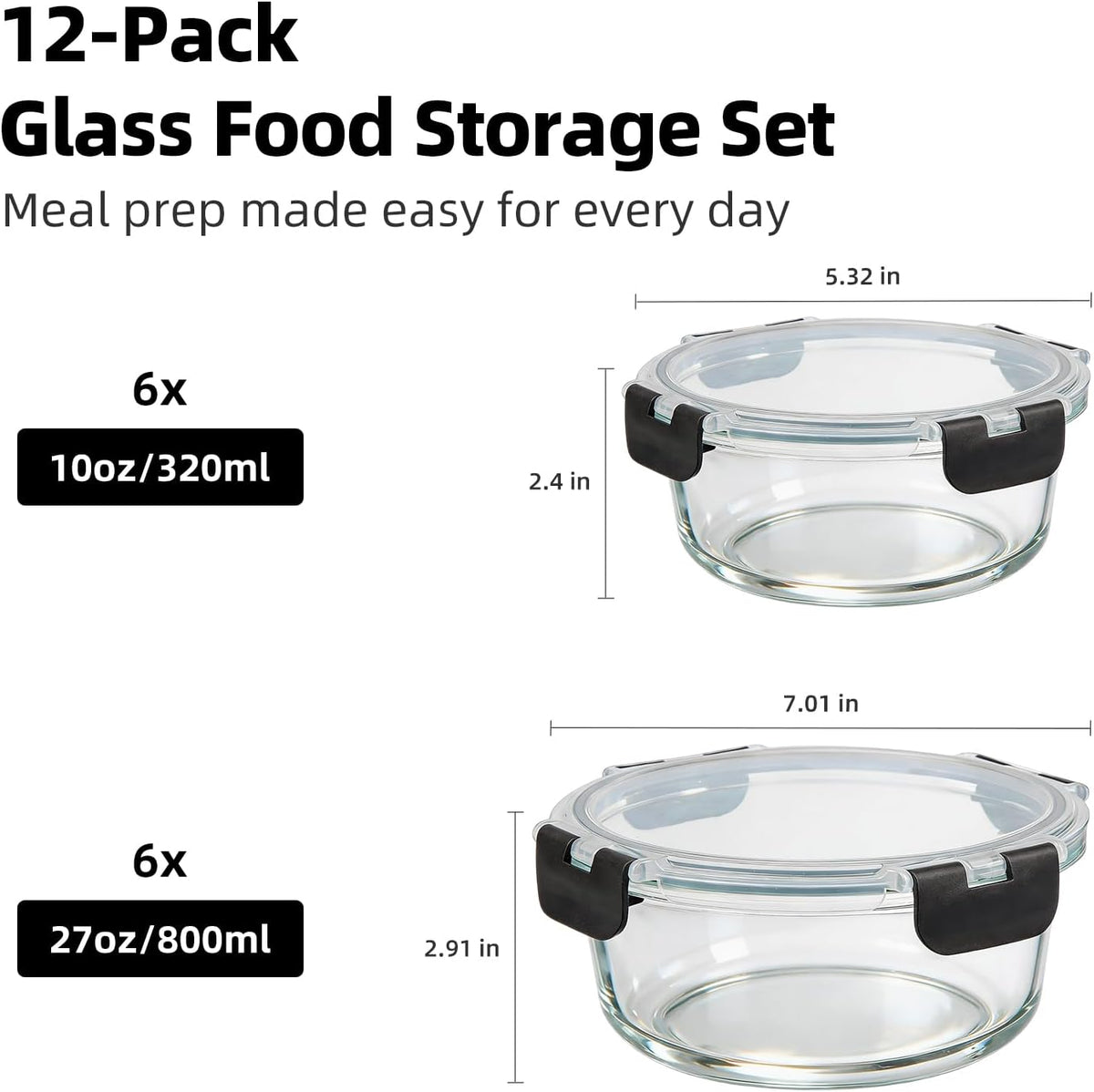 Konokyo Round Glass Food Storage Containers with Lids, 12 Pack Airtight Leakproof Meal Prep Containers, BPA-Free, Microwave Oven Freezer & Dishwasher Safe, Assorted Sizes