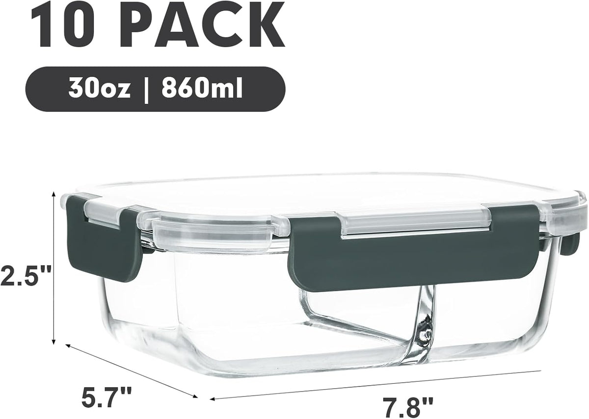 M MCIRCO 10-Pack,30 Oz Glass Meal Prep Containers 2 Compartments Airtight Lunch Bento Boxes with Lids, Glass Food Storage Containers, Microwave, Oven, Freezer, Dishwasher