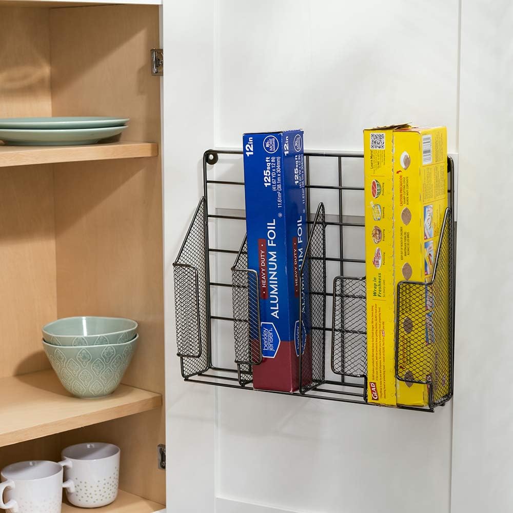 Home Basics Organizer Rust Resistant, Perfect for Food Storage, Silver Foil, Wax Paper, Sandwich Bags, Plastic Wrap-Mounts,White