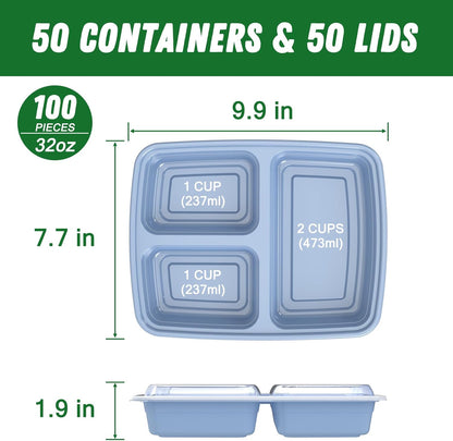 50 Pack (100-Piece) 32 oz Meal Prep Containers Reusable with Lids 3-Compartment, To Go Take Out Plastic Food Storage Containers, Sturdy Leakproof Food Safe, Microwave Freezer Dishwasher Safe, Black