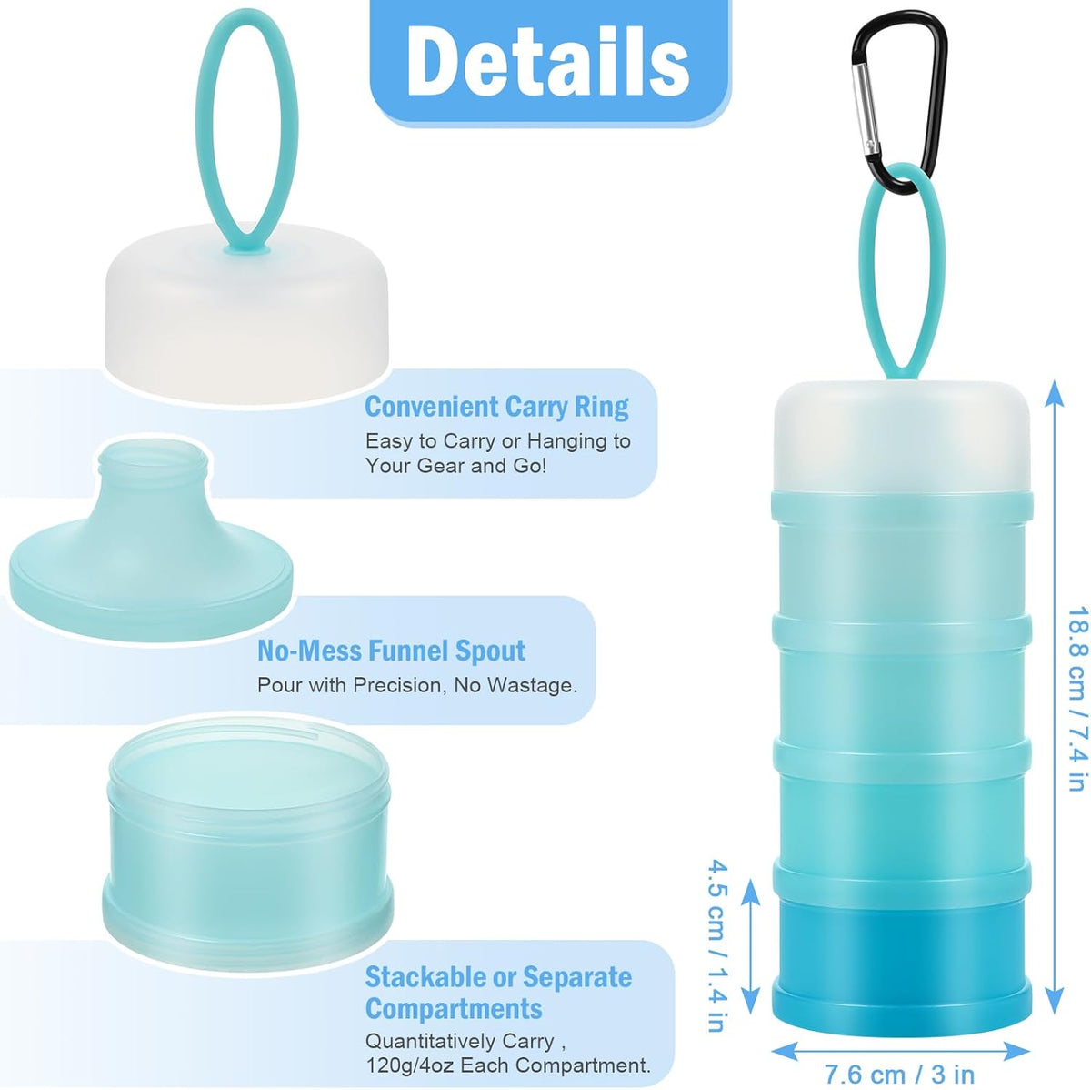 Accmor Protein Powder Container to Go with Funnels Stand, 4 Compartments Stackable Protein Powder Dispenser for Workout, Fitness, Travel