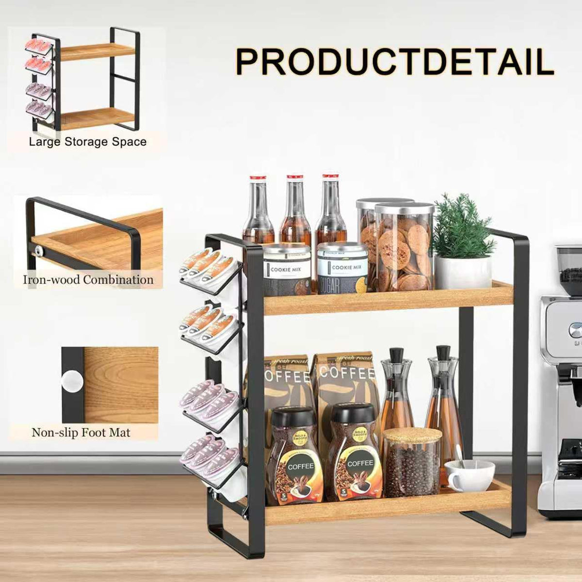 LEMIKKLE 2-Tier Coffee Bar Organizer With Basket,Wooden Counter Shelf for Coffee Bar Accessories,Kitchen Spice Rack Organizer for Countertop-Brown